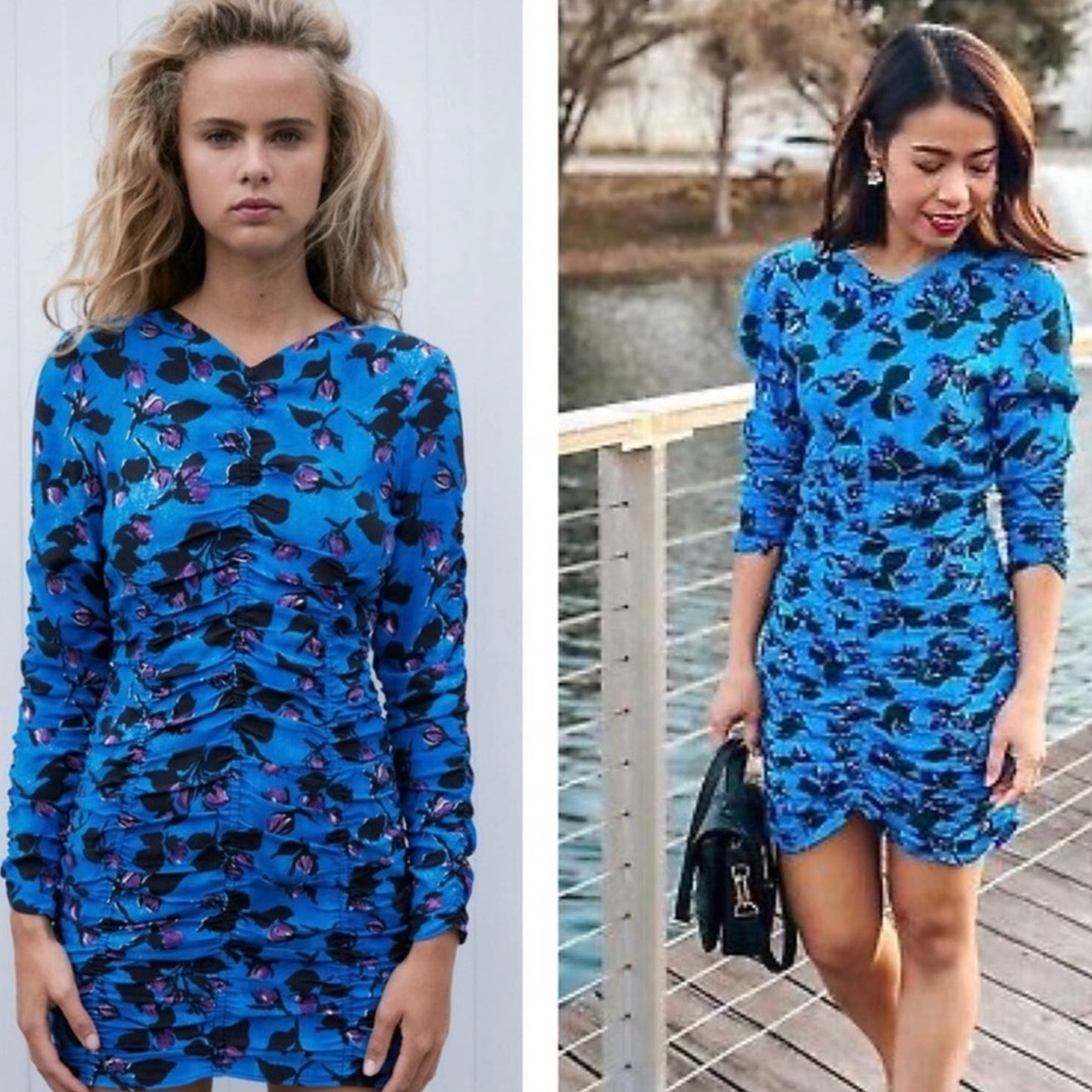 ZARA Small Women's Draped Blue Floral Print Ruched Long Sleeve Mini Dress S